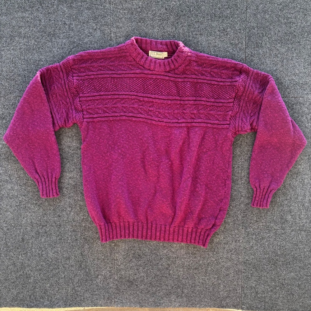 L.L. Bean Vintage Magenta Purple Cable Knit Crewneck Sweater Mens Large USA